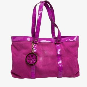TORY BURCH JANE Large Bright Pink Canvas Shoulder Bag Tote Handbag Purse Shopper